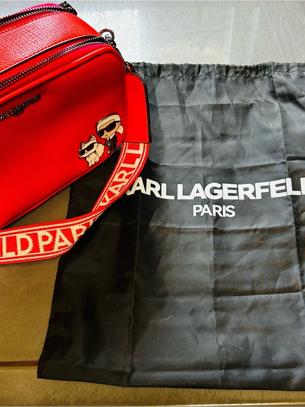 Karl Lagerfeld Bright Red Crossbody Bag with Character Patch